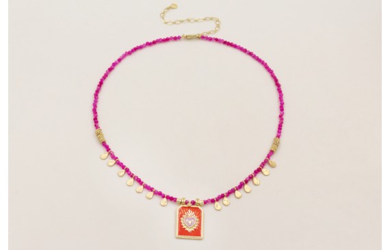 Collar facetadas piedra cuarzo fucsia con colgante