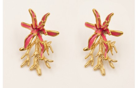 Pendientes flor irregular esmalte rosa y colgante 
