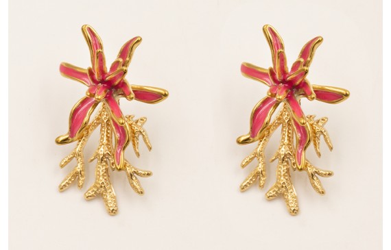 Pendientes flor irregular esmalte rosa y colgante 