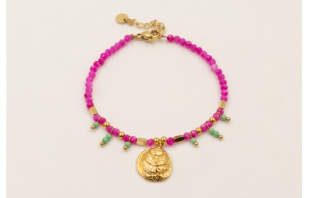 Pulsera facetadas cuarzo fucsia, bolitas piedra ve