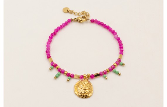 Pulsera facetadas cuarzo fucsia, bolitas piedra ve
