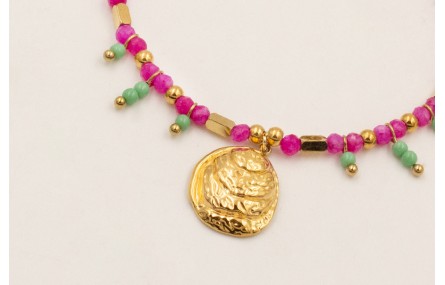 Pulsera facetadas cuarzo fucsia, bolitas piedra ve