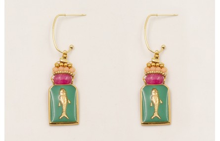 Pendientes colgante chapa pez esmalte verde, pepit