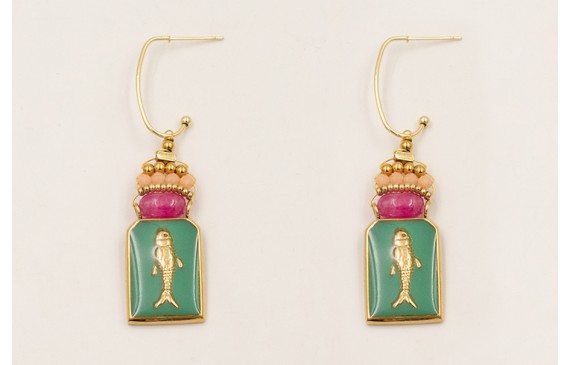 Pendientes colgante chapa pez esmalte verde, pepit