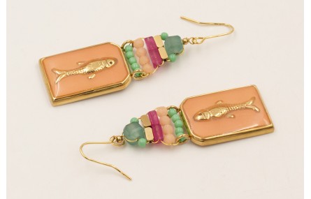 Pendientes colgante chapa pez esmalte rosa palo, c