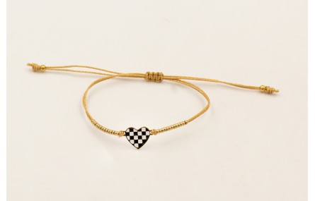 Pulsera corazón esmalte cuadros blancos y negros c