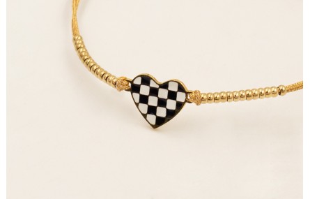 Pulsera corazón esmalte cuadros blancos y negros c