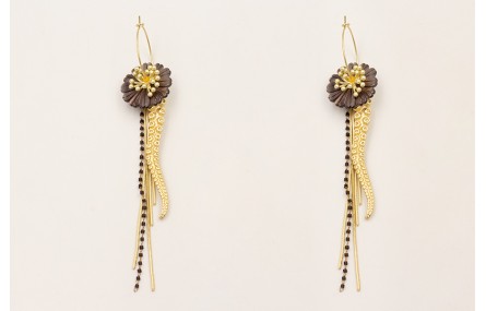 Pendientes aro mediano dorado mate con flor labrad