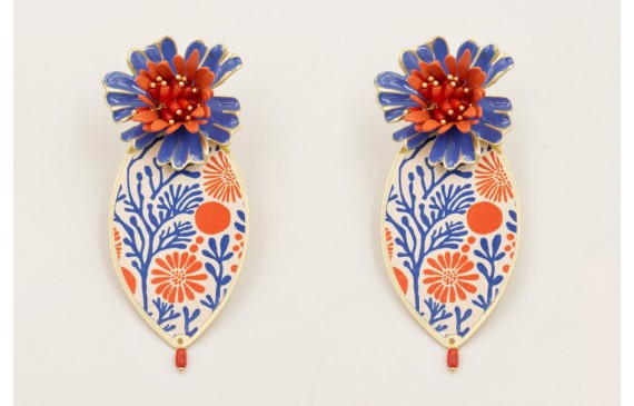 Pendientes pieza ovalada estamapada corales rojos 