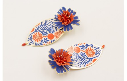 Pendientes pieza ovalada estamapada corales rojos 