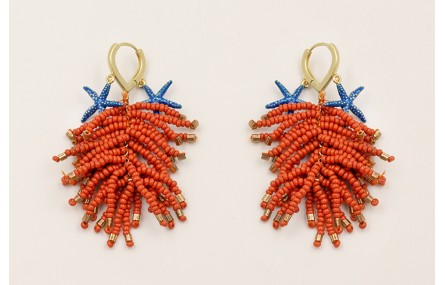 Pendientes floco abalorio naranja, estrellas esmal