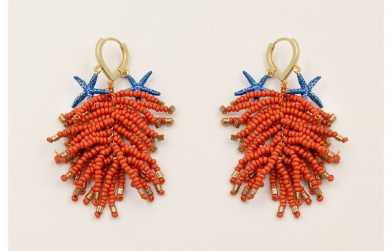 Pendientes floco abalorio naranja, estrellas esmal