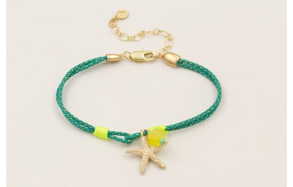 Pulsera cordón turquesa con hilo dorado, nudo fals