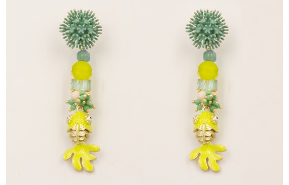 Pendientes perno coral esmaltado turquesa con cubo