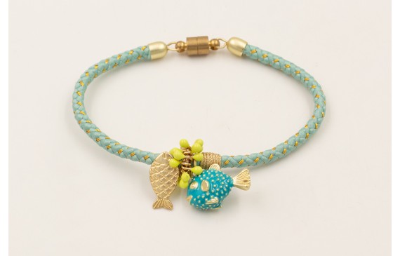 Pulsera cordón aqua con hilo dorado cierre de iman