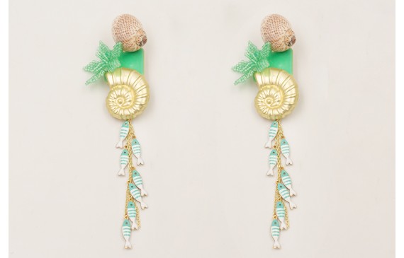 Pendientes perno caracolillo concha, cascada peces