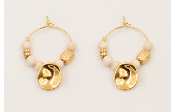 Pendientes ORO18K aro, facetadas piedra cuarzo cre