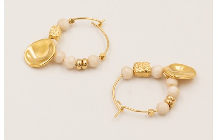 Pendientes ORO18K aro, facetadas piedra cuarzo cre