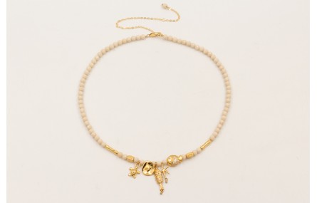 Collar ORO18K facetadas piedra cuarzo crema, pez, 