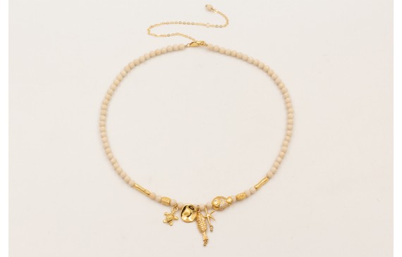 Collar ORO18K facetadas piedra cuarzo crema, pez, 