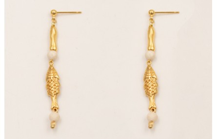 Pendientes ORO18K perno bolita con pez con palo co