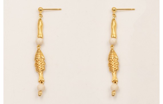 Pendientes ORO18K perno bolita con pez con palo co