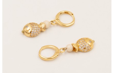 Pendientes ORO18K cierre con pez brillos cristal, 