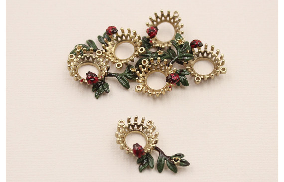 Pieza Floral para cabujón Esmalte verde y Rojo