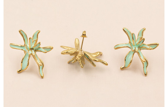 Pendiente Acero Inox. Flor Irregular 32*25 verde