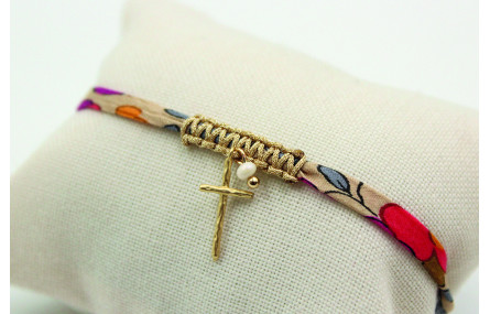Pulsera lazo liberty crudo con flores rojas, morad