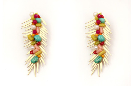 Pendientes hoja palmera grande en oro mate y semip