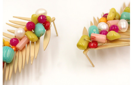 Pendientes hoja palmera grande en oro mate y semip