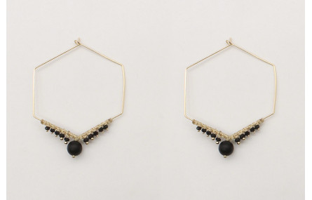 Pendientes arete hexagonal con bolas negras y macr