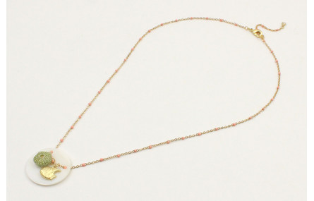 Collar cadena bola esmaltada rosa con disco nacar,