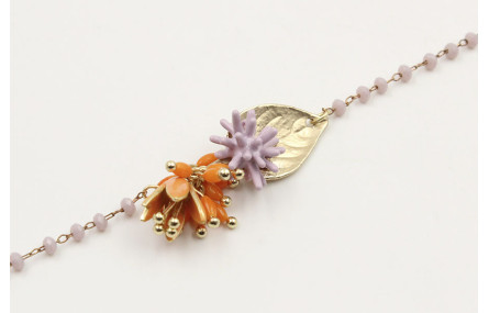 Pulsera cadena facetadas lilas, hoja oro mate, est