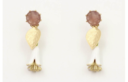 Pendientes perno cristal morado opal, hoja oro mat