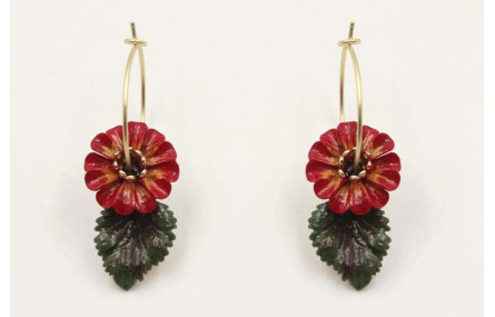Pendientes aro oro mate con flor esmalte roja y ve