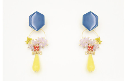 Pendientes perno hexágono esmaltado azul con aro o