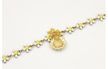 Pulsera cadena margaritas blancas y amarillas con 