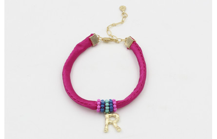 Pulsera seda fucshia con aritos de abalorio rosa,a