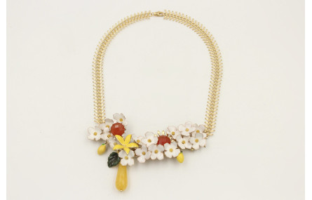 Collar cadena espiga dorado brillo, rama coral con