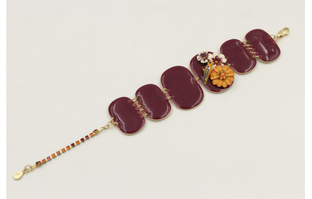 Pulsera rectangulos ovalados burdeos con pajarillo