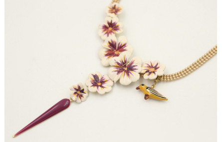 Collar cadena bolas 3 bandas dorada mate con flore