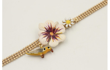 Pulsera cadena bolas 3 bandas dorada mate con flor