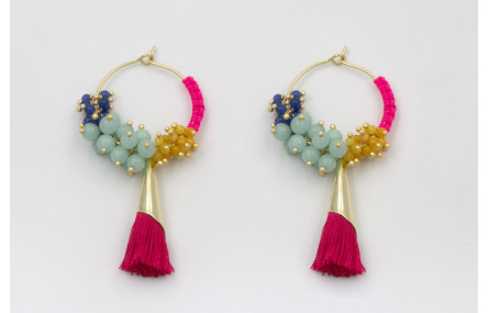 Pendiente aro mediano dorado mate con fleco hilo f