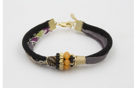 PULSERA LAZO TUBO KIMONO GRISES Y CORDÓN RETORCIDO
