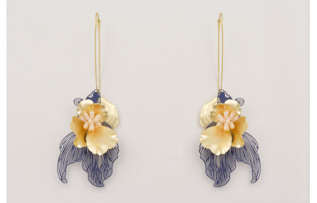 Pendiente eslabon grande,concha dorada,pez tropica