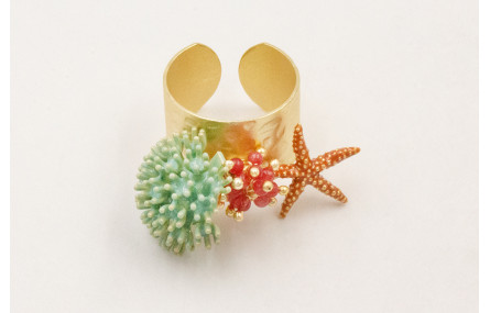 Anillo regulable dorado mate con nenufar esmaltado