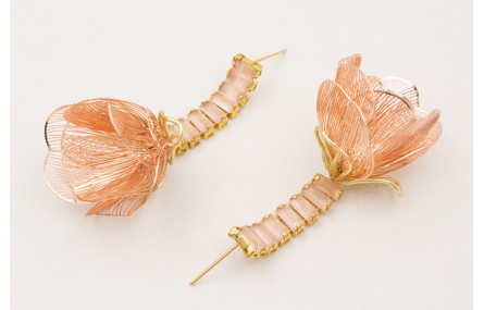 Pendientes cadena strass cristales rosas con flor 