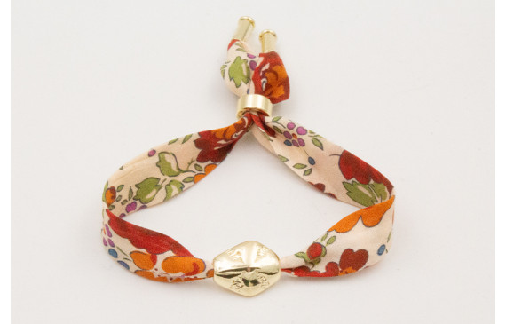 Pulsera lazo estampado bies flores beige y rojas c